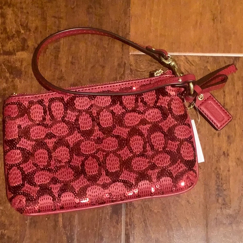 Coach Red Signature Sequin Wristlet